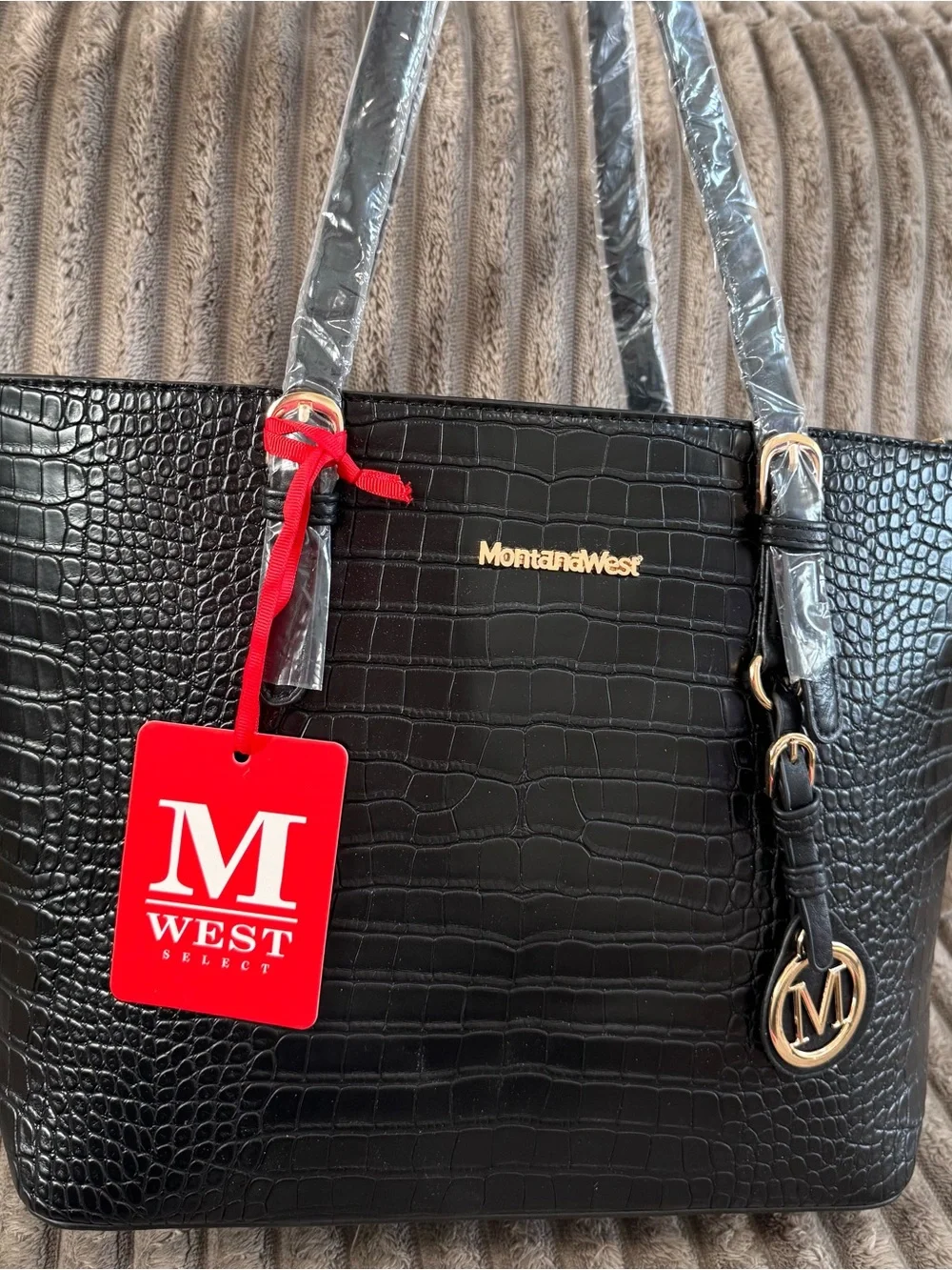 Montana West Black Crocodile Embossed Tote Crossbody pouch Bag Set